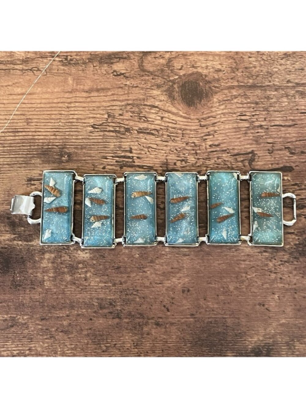 Vintage 1950s Panel Bracelet Blue Confetti Lucite Seashells Silver Tone Wide - Picture 5 of 16